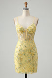 Yellow Sheer Corset Bodycon Sequin Cocktail Dress with Lace Up Back