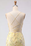 Yellow Sheer Corset Bodycon Sequin Cocktail Dress with Lace Up Back