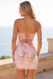 Pink Sheer Corset Strapless Sequin Bodycon Mini Cocktail Dress