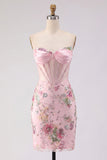 Pink Sheer Corset Strapless Sequin Bodycon Mini Cocktail Dress