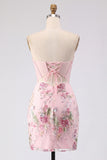 Pink Sheer Corset Strapless Sequin Bodycon Mini Cocktail Dress