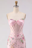 Pink Sheer Corset Strapless Sequin Bodycon Mini Cocktail Dress