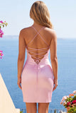 Pink Sheer Corset Beaded Bodycon Cocktail Dress with Slit