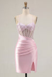 Pink Sheer Corset Beaded Bodycon Cocktail Dress with Slit