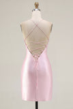 Pink Sheer Corset Beaded Bodycon Cocktail Dress with Slit