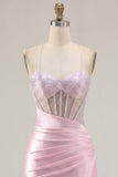 Pink Sheer Corset Beaded Bodycon Cocktail Dress with Slit
