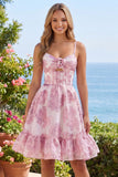 Pink Floral A-Line Corset Ruffled Graduation Dress with 3D Flowers