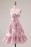Pink Floral A-Line Corset Ruffled Graduation Dress with 3D Flowers