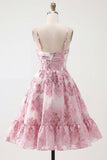 Pink Floral A-Line Corset Ruffled Graduation Dress with 3D Flowers