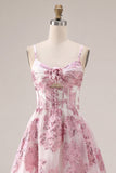 Pink Floral A-Line Corset Ruffled Graduation Dress with 3D Flowers