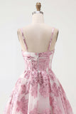 Pink Floral A-Line Corset Ruffled Graduation Dress with 3D Flowers