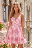 Pink Sweetheart A-Line Jacquard Ruffled Graduation Dress