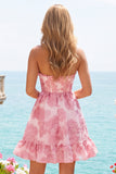 Pink Sweetheart A-Line Jacquard Ruffled Graduation Dress
