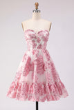 Pink Sweetheart A-Line Jacquard Ruffled Graduation Dress