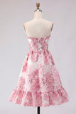 Pink Sweetheart A-Line Jacquard Ruffled Graduation Dress