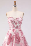Pink Sweetheart A-Line Jacquard Ruffled Graduation Dress