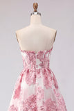 Pink Sweetheart A-Line Jacquard Ruffled Graduation Dress