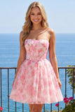 Strapless Pink Floral Corset A Line Mini Graduation Dress