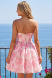 Strapless Pink Floral Corset A Line Mini Graduation Dress
