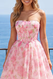 Strapless Pink Floral Corset A Line Mini Graduation Dress