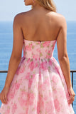 Strapless Pink Floral Corset A Line Mini Graduation Dress