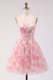 Strapless Pink Floral Corset A Line Mini Graduation Dress