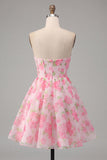 Strapless Pink Floral Corset A Line Mini Graduation Dress