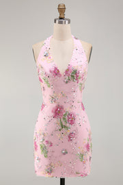Halter Pink Bodycon Floral Cocktail Party Dress with Sequins
