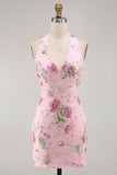 Halter Pink Bodycon Floral Cocktail Party Dress with Sequins