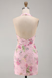 Halter Pink Bodycon Floral Cocktail Party Dress with Sequins