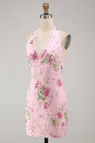 Halter Pink Bodycon Floral Cocktail Party Dress with Sequins
