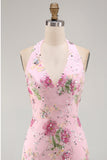 Halter Pink Bodycon Floral Cocktail Party Dress with Sequins