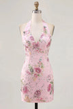 Halter Pink Bodycon Floral Cocktail Party Dress with Sequins