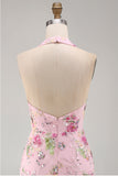 Halter Pink Bodycon Floral Cocktail Party Dress with Sequins