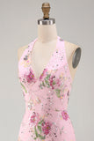 Halter Pink Bodycon Floral Cocktail Party Dress with Sequins