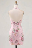 Halter Pink Bodycon Floral Cocktail Party Dress with Sequins