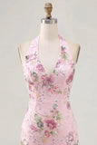Halter Pink Bodycon Floral Cocktail Party Dress with Sequins