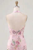 Halter Pink Bodycon Floral Cocktail Party Dress with Sequins