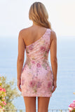 Pink One Shoulder Bodycon Sequins Floral Cocktail Dress