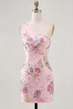 Pink One Shoulder Bodycon Sequins Floral Cocktail Dress