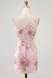 Pink One Shoulder Bodycon Sequins Floral Cocktail Dress