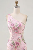 Pink One Shoulder Bodycon Sequins Floral Cocktail Dress