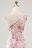 Pink One Shoulder Bodycon Sequins Floral Cocktail Dress