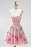 A-Line Pink Strapless Sheer Corset Graduation Dress with Sequins