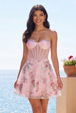 A-Line Pink Strapless Sheer Corset Graduation Dress with Sequins