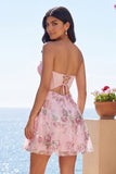A-Line Pink Strapless Sheer Corset Graduation Dress with Sequins