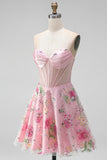 A-Line Pink Strapless Sheer Corset Graduation Dress with Sequins