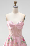 A-Line Pink Strapless Sheer Corset Graduation Dress with Sequins