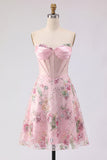 A-Line Pink Strapless Sheer Corset Graduation Dress with Sequins