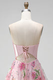 A-Line Pink Strapless Sheer Corset Graduation Dress with Sequins